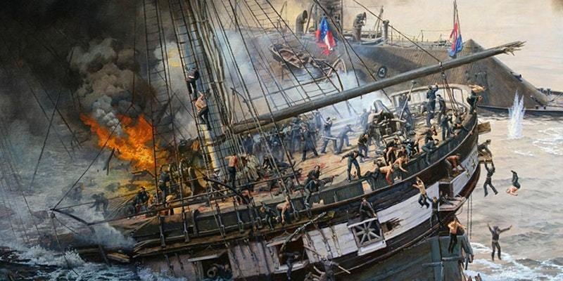 USS Cumberland sinking on March 8, 1862 during Battle of Hampton Roads