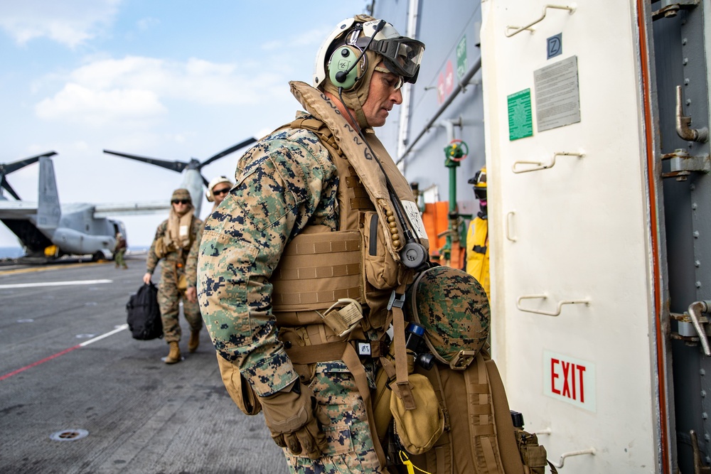 Brig. Gen. Kyle Ellison embarks the USS Essex during Noble Fusion