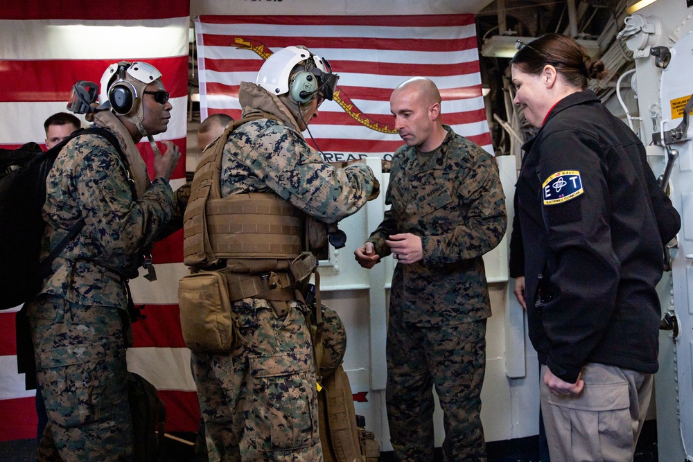 Brig. Gen. Kyle Ellison embarks the USS Essex during Noble Fusion