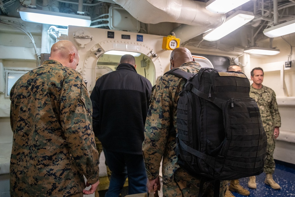 Brig. Gen. Kyle Ellison embarks the USS Essex during Noble Fusion