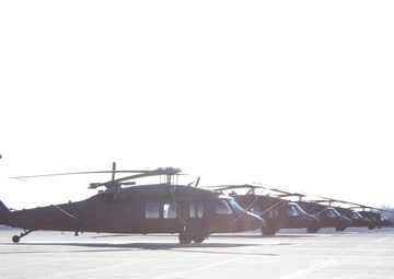 A lineup of UH-60 Black Hawk helicopters on the Muir Army Airfield