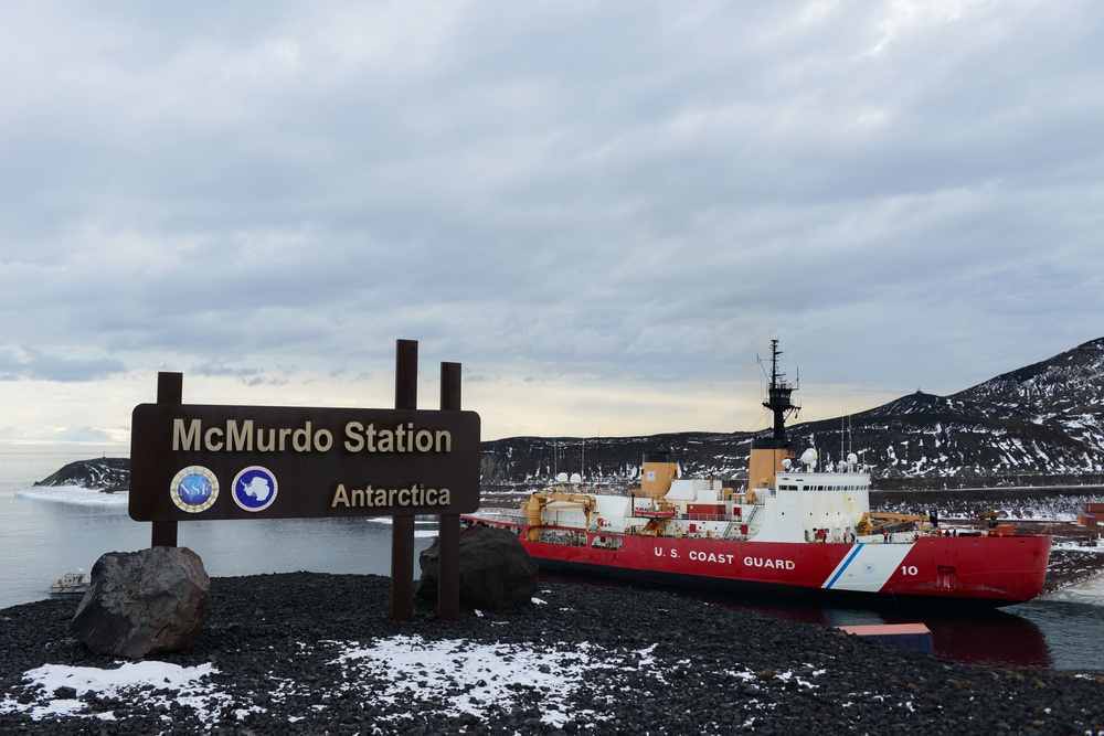 Coast Guard Cutter Polar Star moors at McMurdo Station