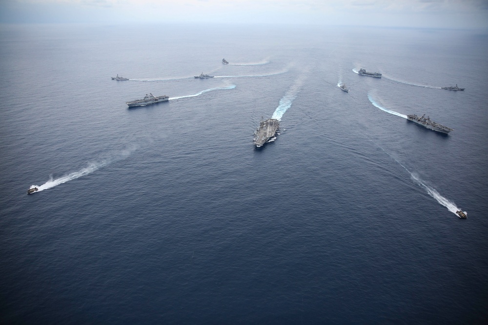 Abraham Lincoln sails in formation during exercise Noble Fusion