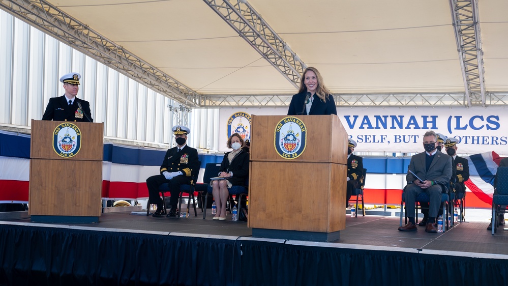 The Honorable Meredith Berger delivers remarks during the commissioning ceremony for USS Savannah (LCS 28)