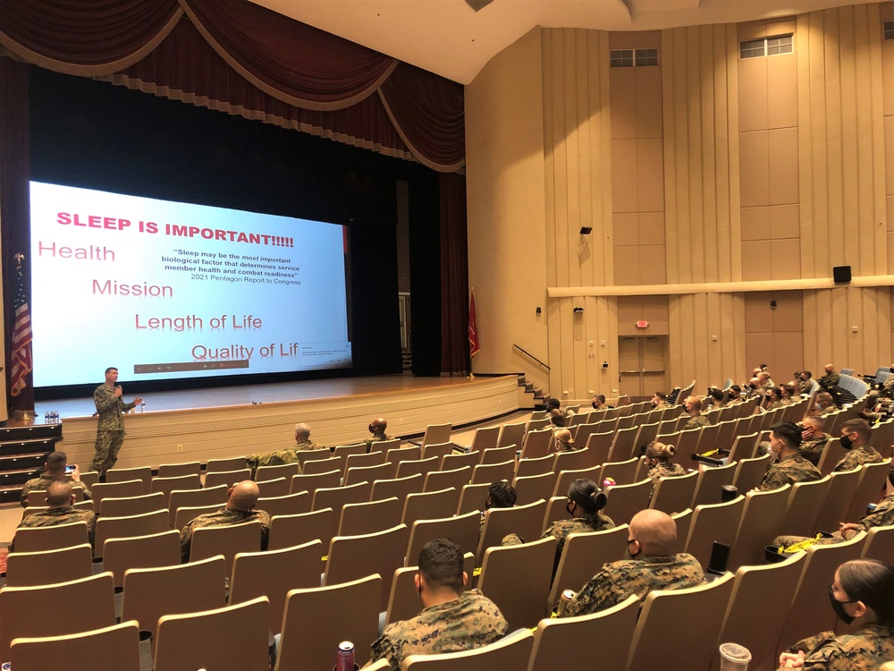 Lt. Cmdr. Hawkins presenting to Marines from Headquarters Battalion in Quantico, Virginia