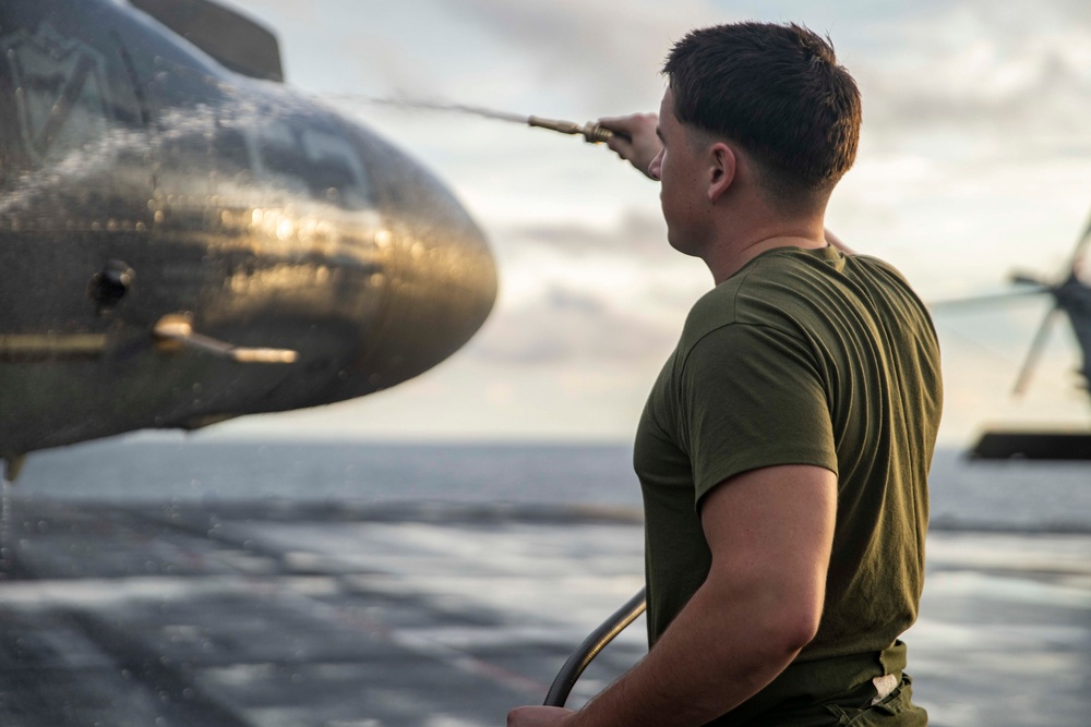 VMA-214, 11th MEU conducts routine corrosion prevention cleaning aboard USS Essex (LHD 2)