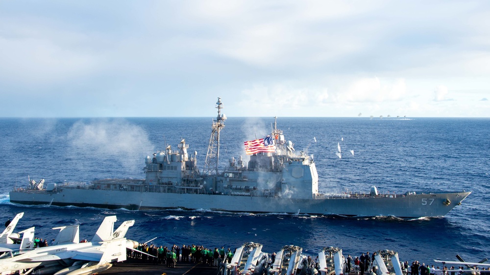 USS Carl Vinson (CVN 70) Observes Live-Fire Exercise with USS Lake Champlain (CG 57)