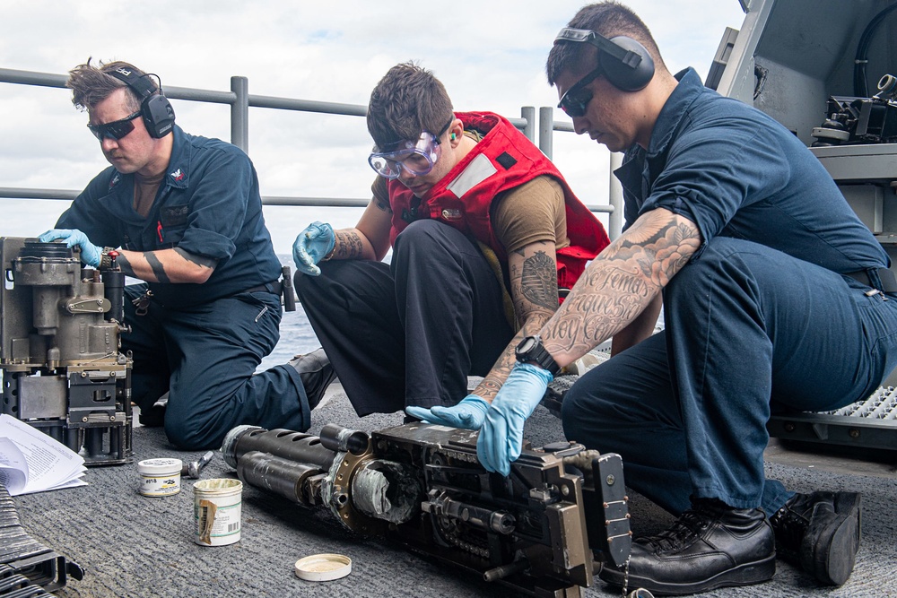 USS America (LHA 6) Conducts MK-38 25mm Machine Gun Maintenance.
