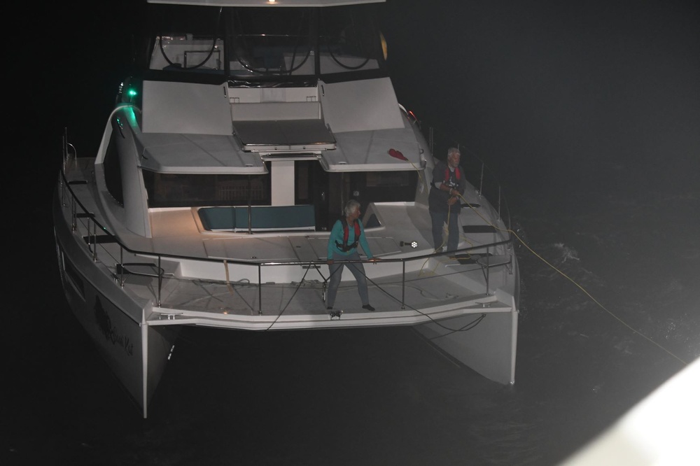 Coast Guard Cutter Winslow Griesser assists 2 Florida boaters during tow of disabled catamaran to safe harbor in Mayaguez, Puerto Rico