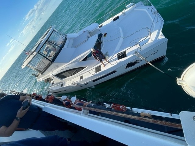 Coast Guard Cutter Winslow Griesser assists 2 Florida boaters during tow of disabled catamaran to safe harbor in Mayaguez, Puerto Rico