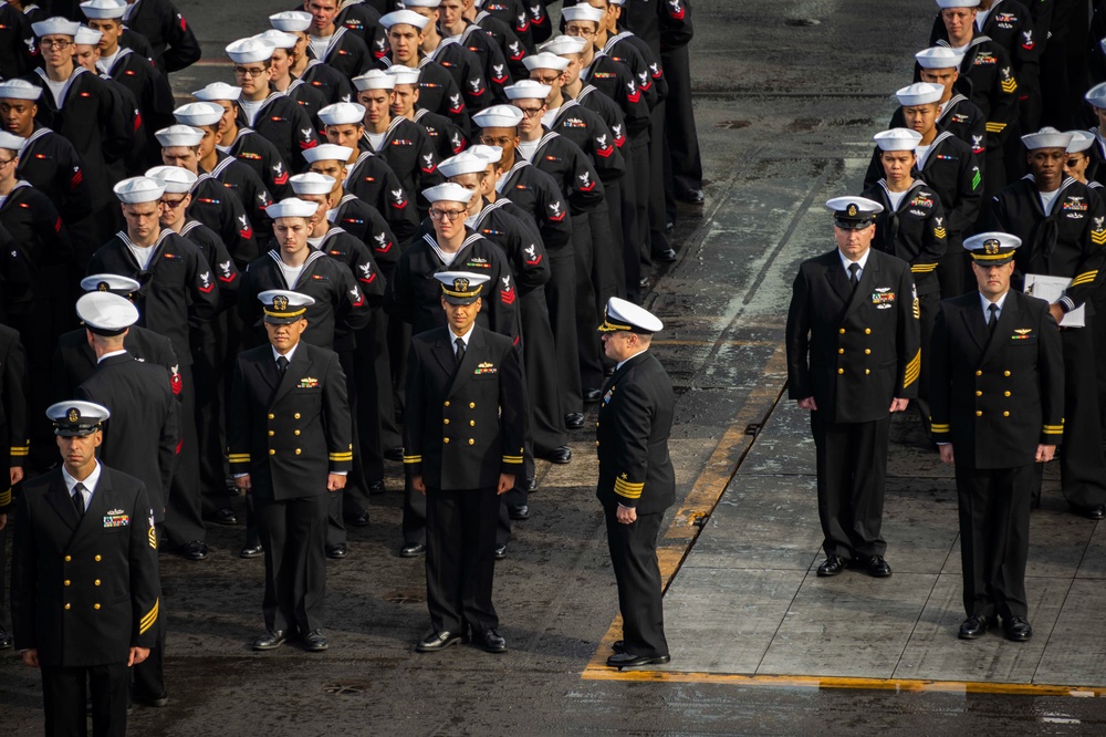 USS Carl Vinson (CVN 70) Sailors Conduct Ship-wide Dress Uniform Inspection in Pacific Ocean