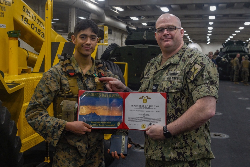 USS Green Bay (LPD 20) Presents Cpl. Simon Palacios the Navy and Marine Corps Achievement Medal