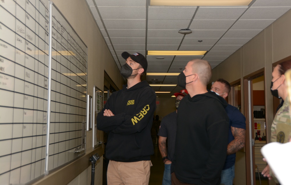 Channing Tatum, crew of DOG movie tour Holland MWD veterinary hospital