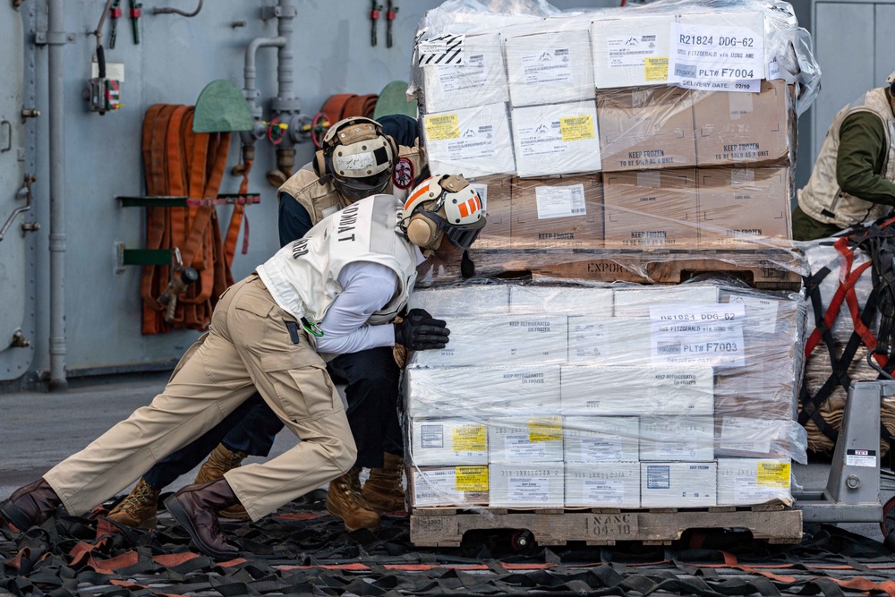 USS America conducts a vertical replenishment with the fleet replenishment oiler USNS Yukon (T-AO 202).