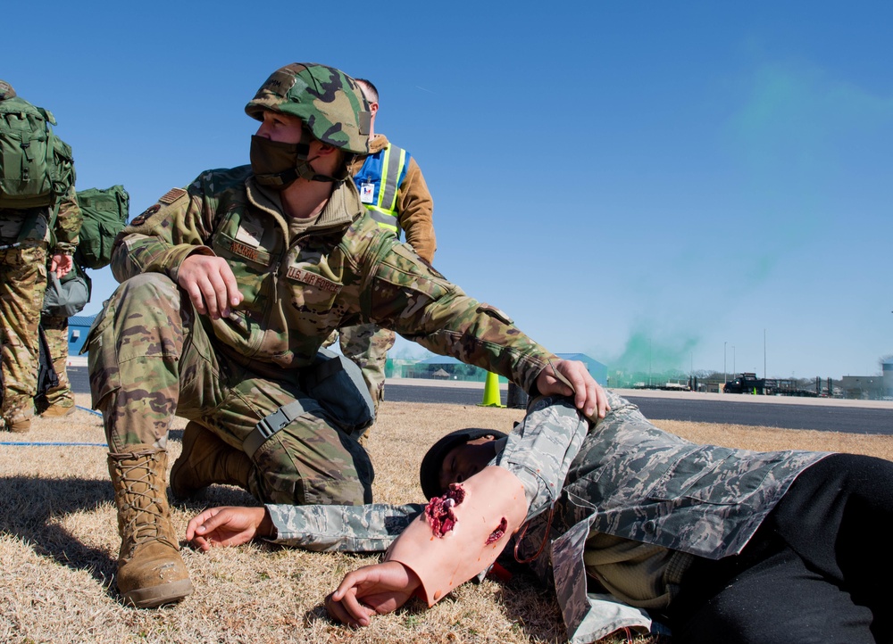 136th Maintenance Squadron Citizen Airman provides medical support during simulated crisis response