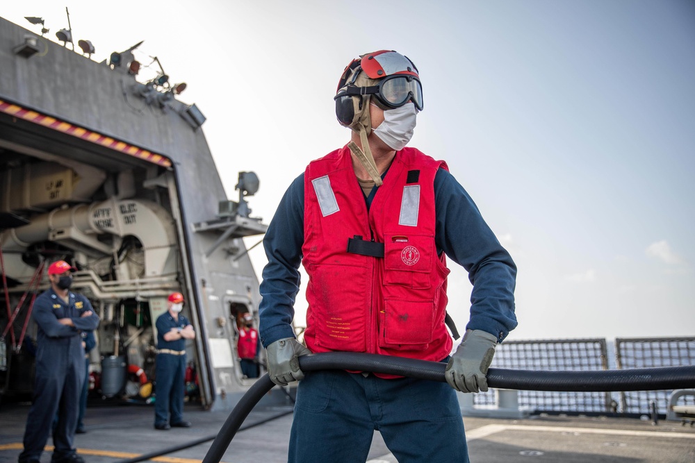 USS Milwaukee Conducts Flight Deck Firefighting Drill