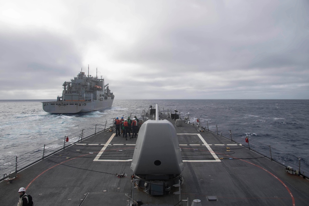 Ship pulls alongside for underway replenishment