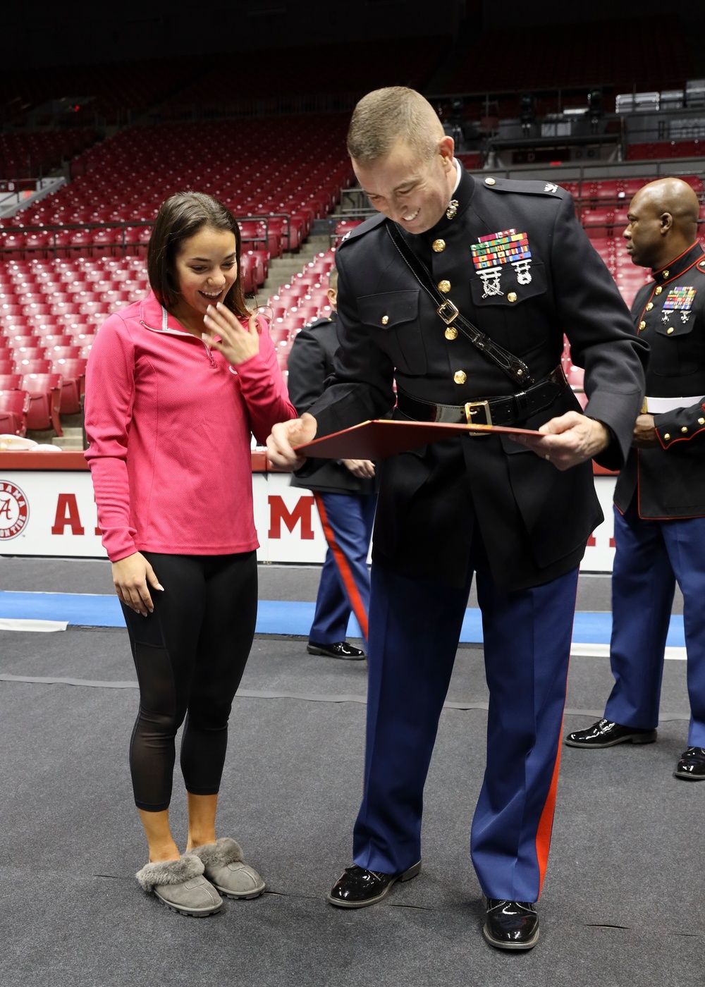 U.S. Marines Speak with the University of Alabama Gymnastics Team