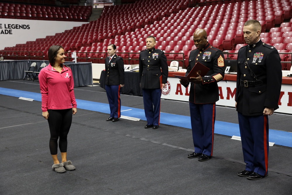 U.S. Marines Speak with the University of Alabama Gymnastics Team