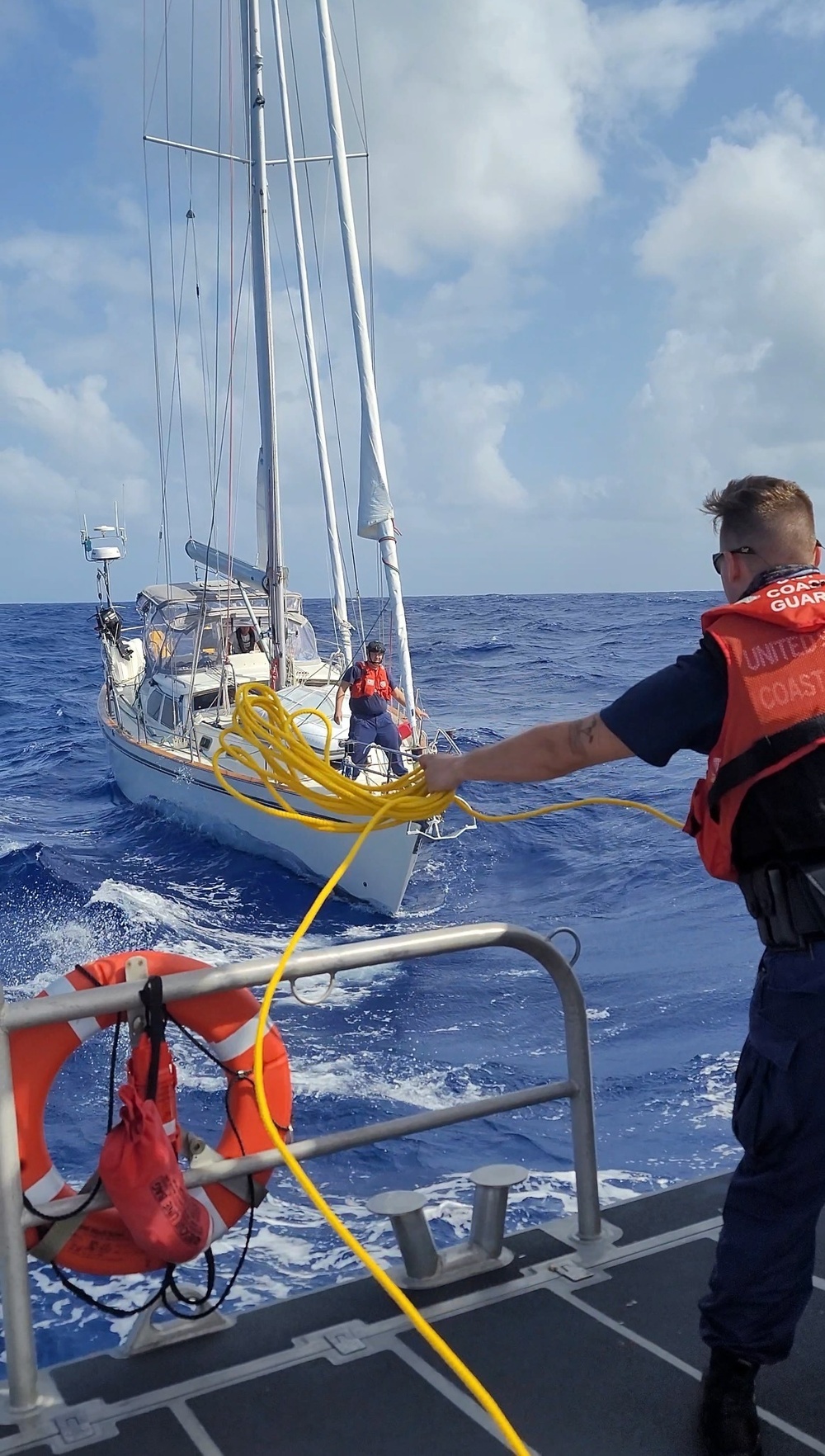 A Coast Guard Boat Station San Juan crew and the crew of the research vessel Neil Armstrong assisted the distressed sailing vessel Windward in the Atlantic Ocean Feb. 17, 2022, approximately 35 nautical miles north of Fajardo, Puerto Rico. Assisted were a man, 63, and a woman, 57, U.S. citizens. The Coast Guard crew towed the 48-foot Stonewall, Texas registered vessel to safe harbor in Fajardo, Puerto Rico. (U.S. Coast Guard photo)