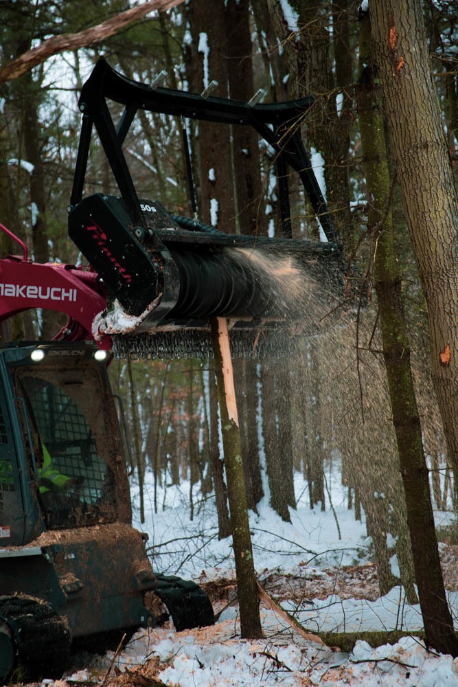 Heavy equipment operator mulching tree