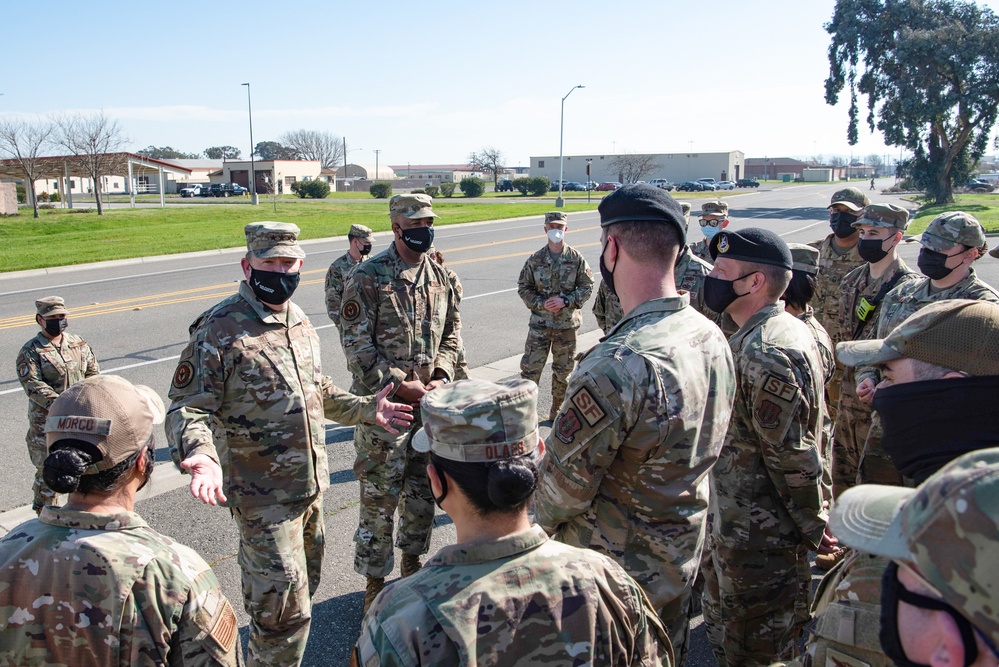 Lt. Gen. Richard W. Scobee visits Travis Air Force Base, CA