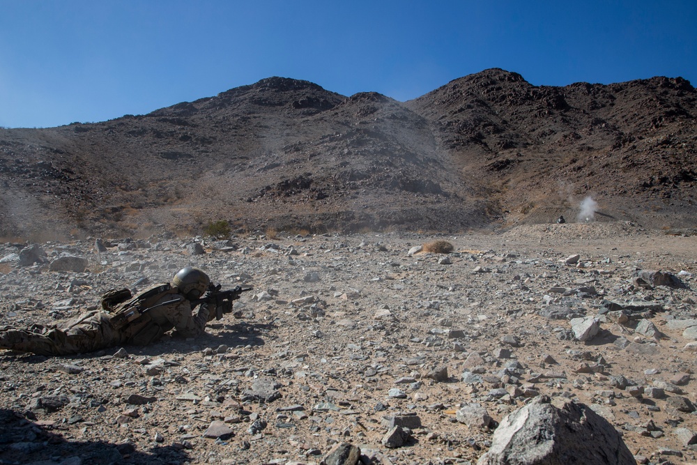 Marine Raiders and UAE Presidential Guard execute live fire training at the Combat Center