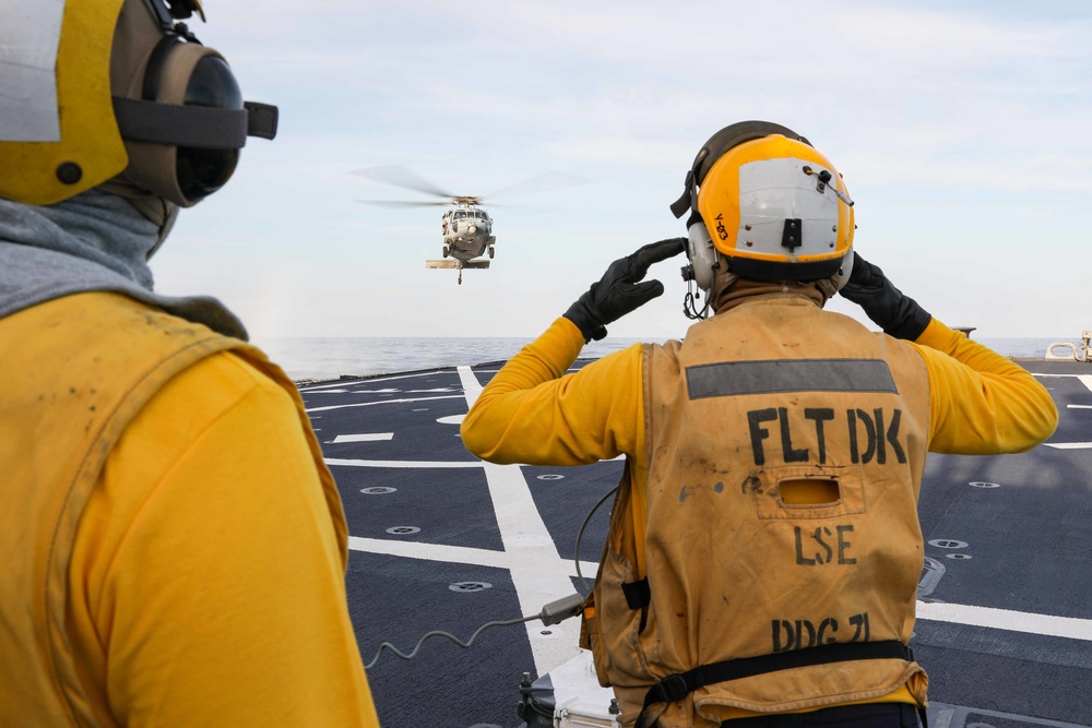 USS Ross conducts flight operations with Knighthawk helicopter