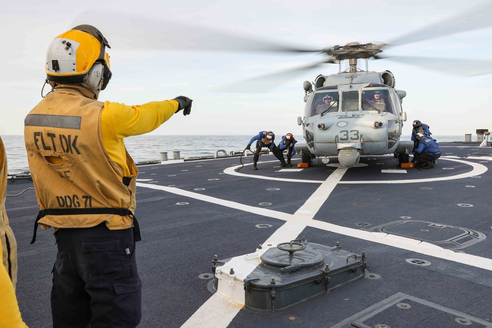 USS Ross conducts flight operations with Knighthawk helicopter