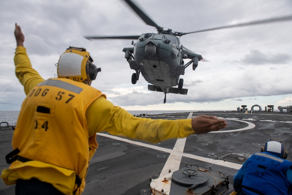 Boatswain’s Mate 3rd Class Tra’shaun Cooper, from Homestead, Texas, directs a MH-60S Sea Hawk helicopter