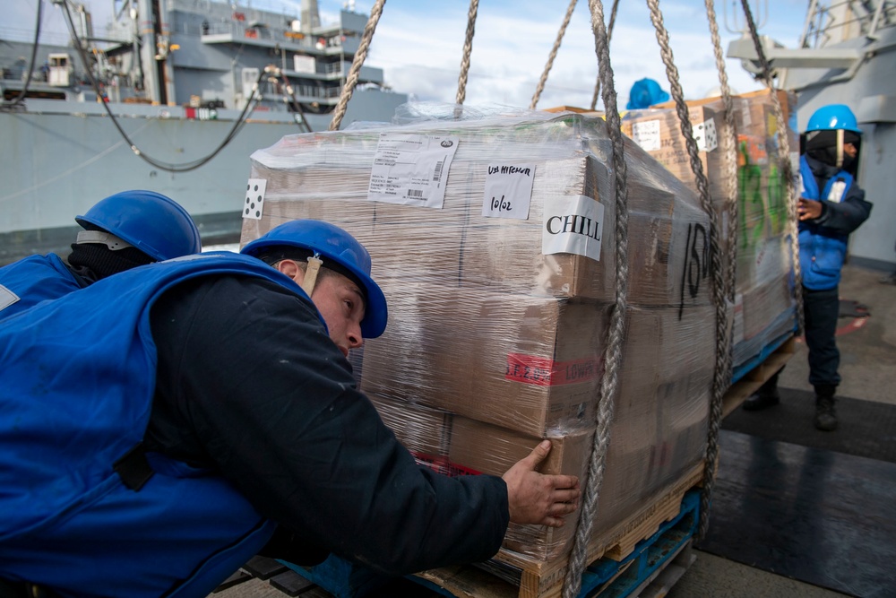 Boatswain’s Mate 3rd Class Roberto Cardenasguillen, from Fontana, Calif., receives a pallet