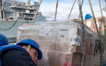 Boatswain’s Mate 3rd Class Roberto Cardenasguillen, from Fontana, Calif., receives a pallet