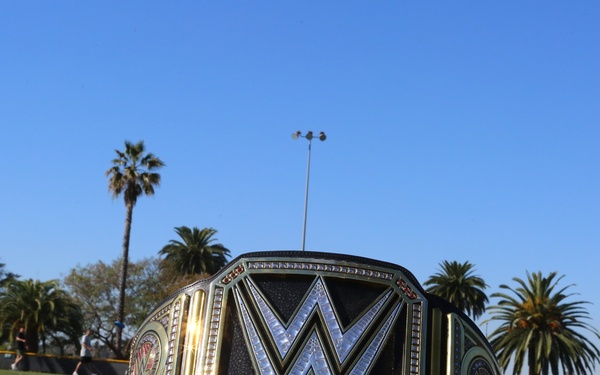 A WWE World Heavyweight Championship belt is displayed on a grass field alongside what appears to be a black baseball bat or baton. The setting appears to be an outdoor sports field or park with palm trees, stadium lights, and a clear blue sky in the background. Several people can be seen jogging or walking in the background.