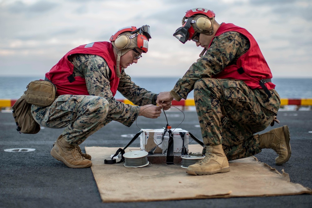 EOD Marines with CLB-11, 11th MEU conduct a volumetric charge range aboard USS Essex (LHD 2)