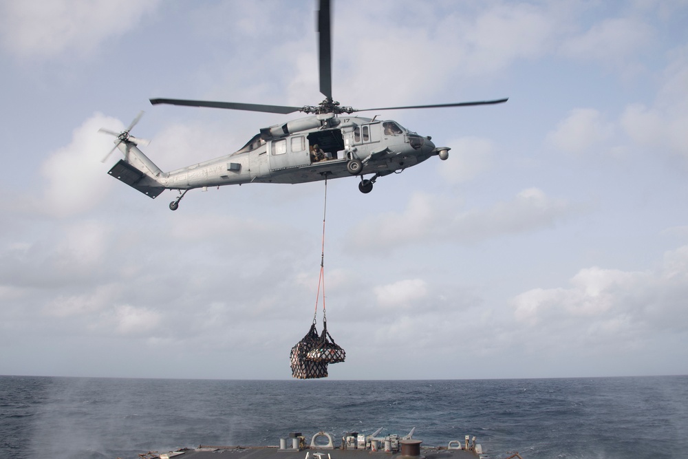 Aircraft conducts vertical replenishment aboard USS Gonzalez.