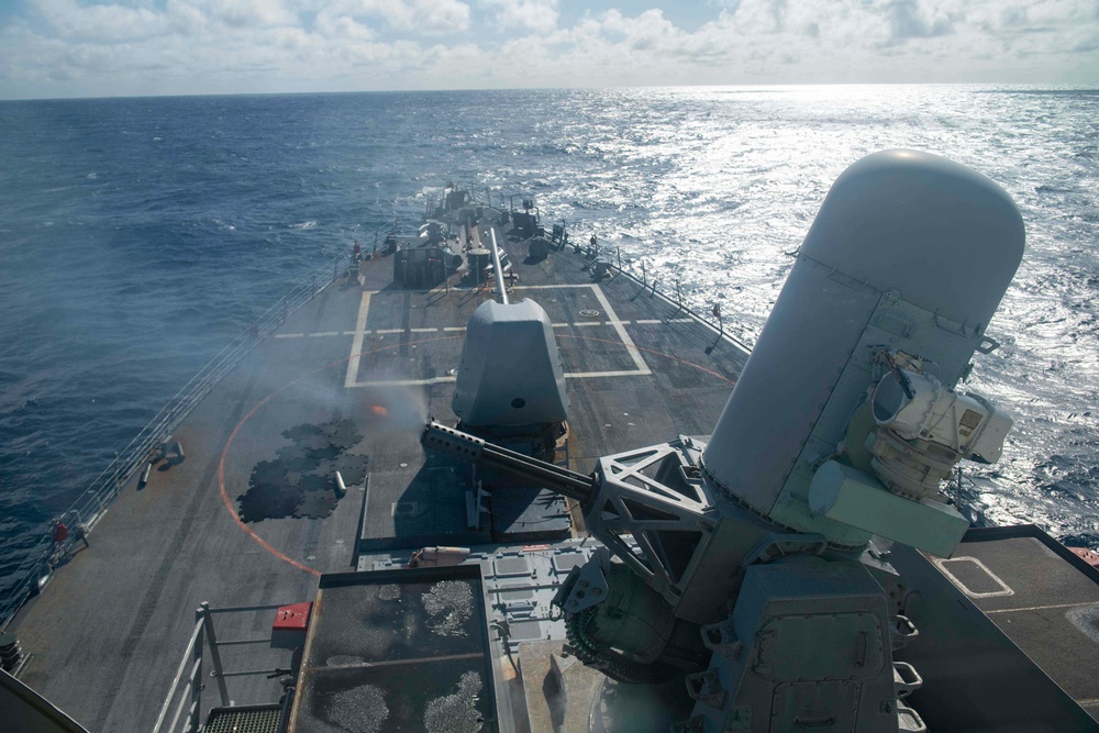 Close in weapons system fires from USS Gonzalez during a live-fire event.