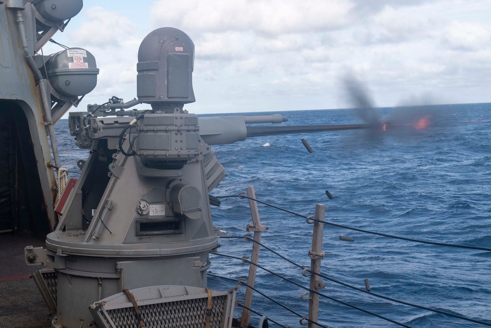 25mm weapon system fires from USS Gonzalez.