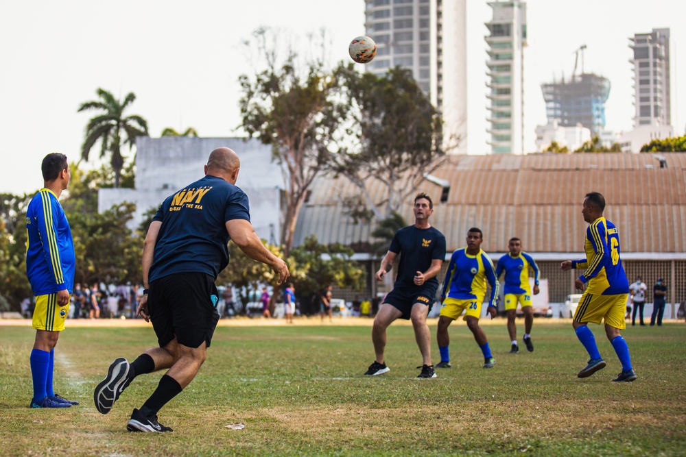 USS Billings Sailors and Coast Guard LEDET Play Soccer with Colombian Navy Sailors