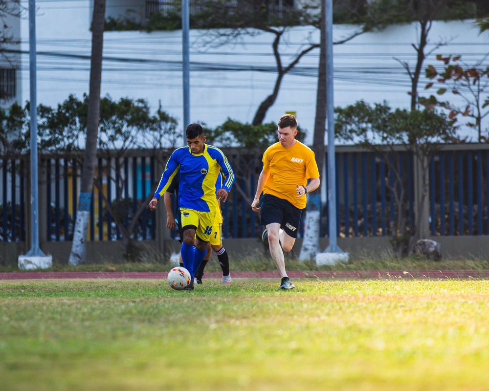 USS Billings Sailors and Coast Guard LEDET Play Soccer with Colombian Navy Sailors