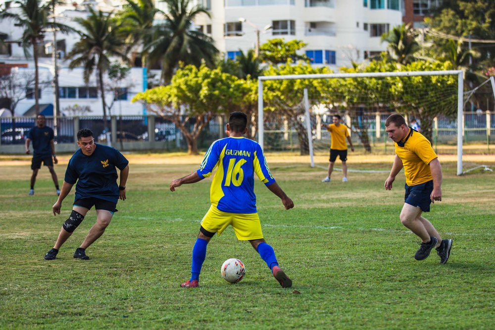 USS Billings Sailors and Coast Guard LEDET Play Soccer with Colombian Navy Sailors