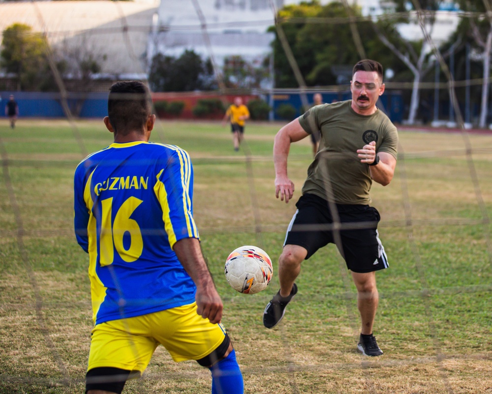 USS Billings Sailors and Coast Guard LEDET Play Soccer with Colombian Navy Sailors