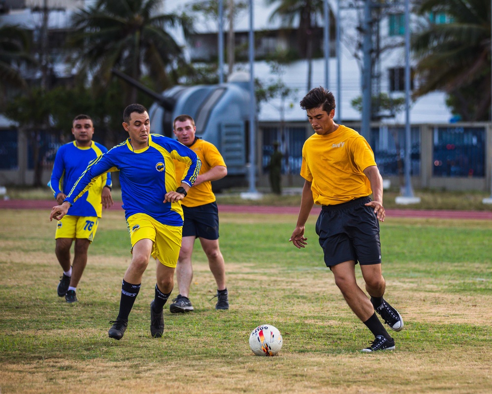 USS Billings Sailors and Coast Guard LEDET Play Soccer with Colombian Navy Sailors