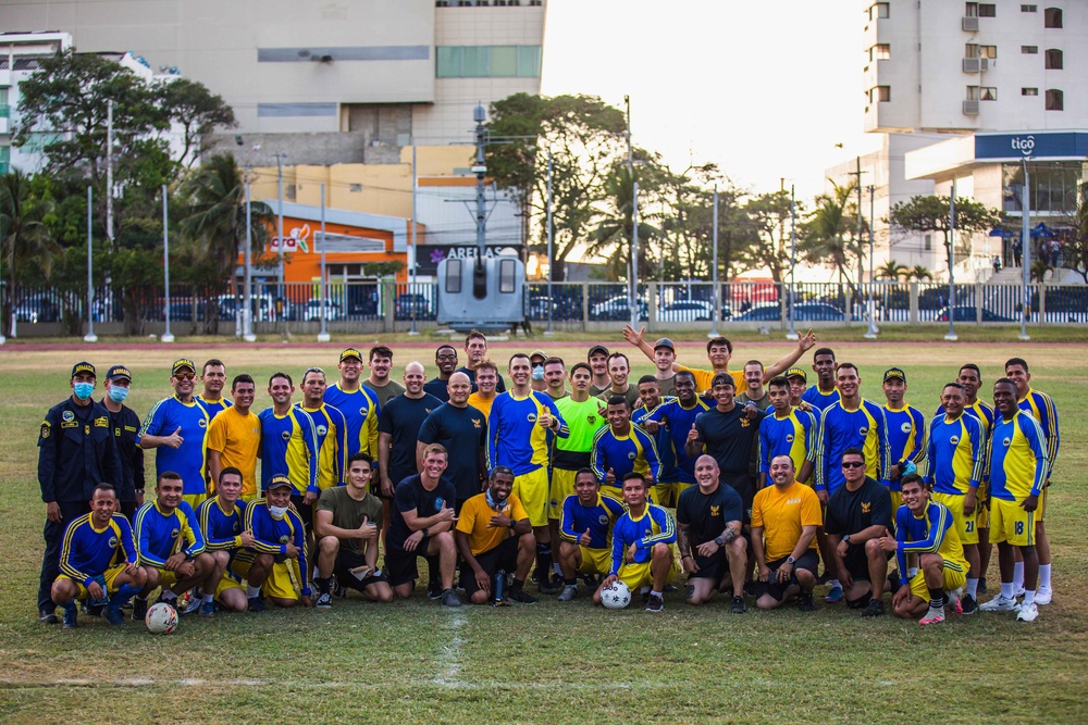 USS Billings Sailors and Coast Guard LEDET Play Soccer with Colombian Navy Sailors