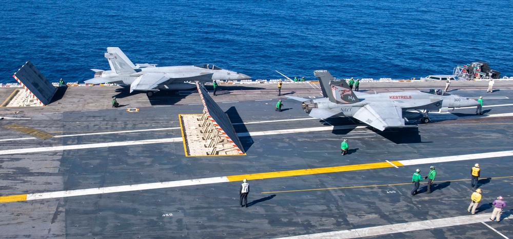 Two F/A-18E's Prepare To Launch Off Of The Flight Deck