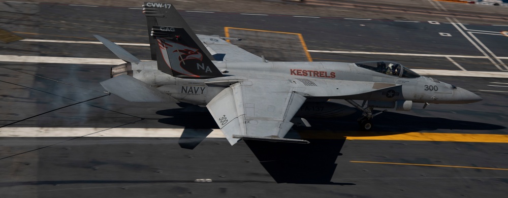 F/A 18E Super Hornet Lands On Flight Deck