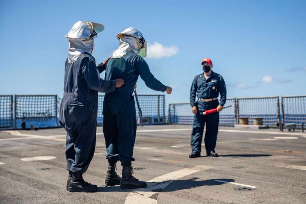 USS Milwaukee Conducts Flight Deck Firefighting Drill