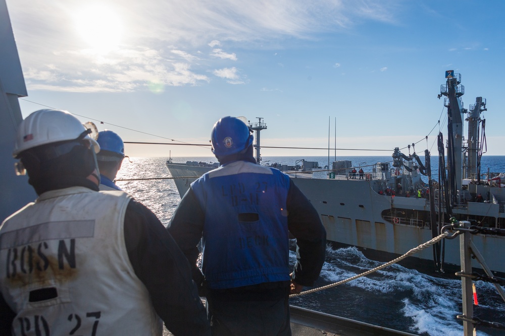 USS Portland (LPD 27) conducts UNREP with USNS Pecos (T-AO 197)