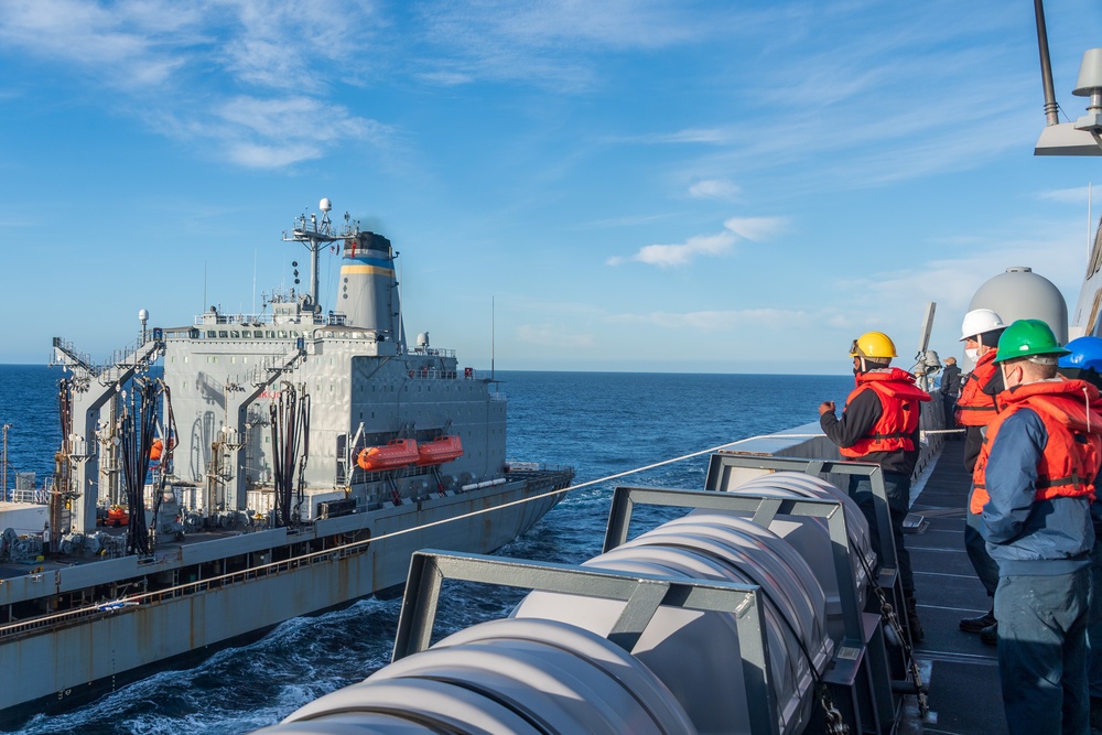 USS Portland (LPD 27) conducts UNREP with USNS Pecos (T-AO 197)