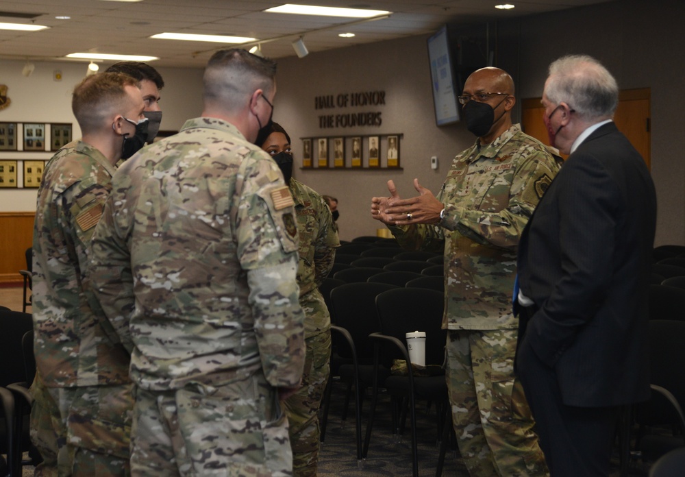Sixteenth Air Force (Air Forces Cyber) Airmen speak with Secretary of the Air Force Frank Kendall and Air Force Chief of Staff Gen. CQ Brown, Jr