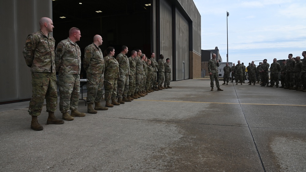 U.S. Air Force Col. David R. Wright delivers a commander's call